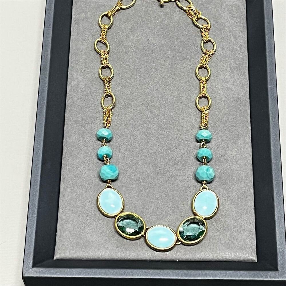 Monet Gold Tone Aqua Cabochon Beaded Necklace 18” Toggle Statement